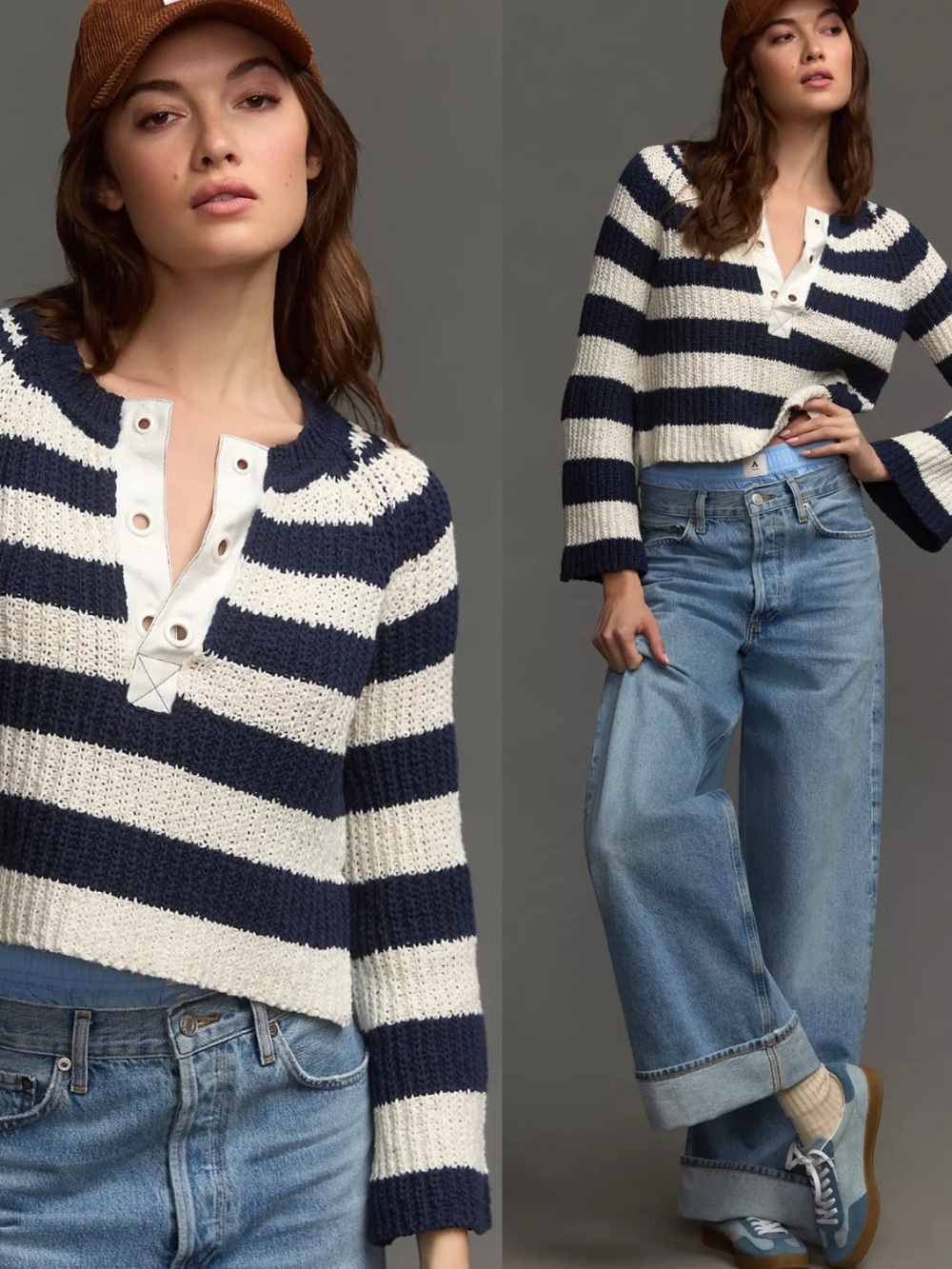 Anthropologie Pilcro Bell Sleeve Striped Henley Sweater M Navy Nautical Coastal